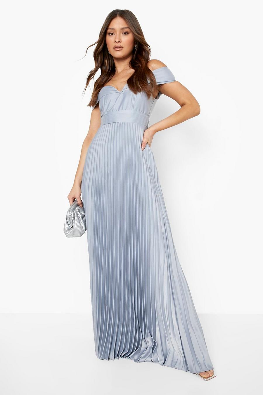 Grey Pleated Off The Shoulder Satin Maxi Dress image number 1