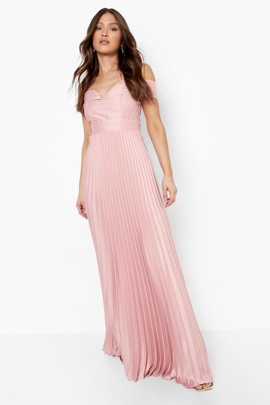 Pink Pleated Bardot Satin Maxi Dress