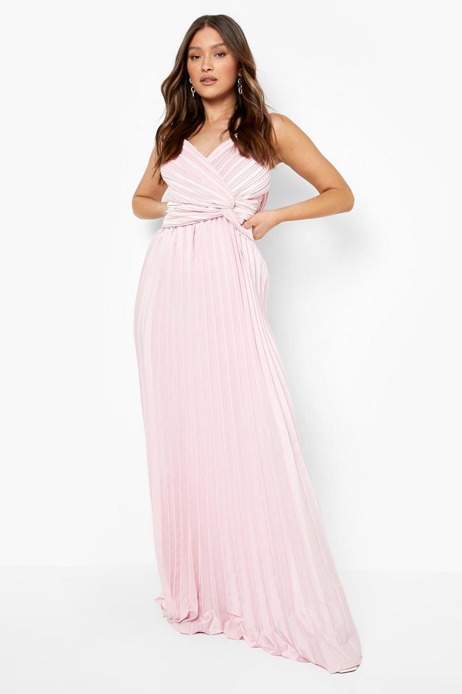 Pink Pleated Satin Twist Detail Maxi Dress image number 1