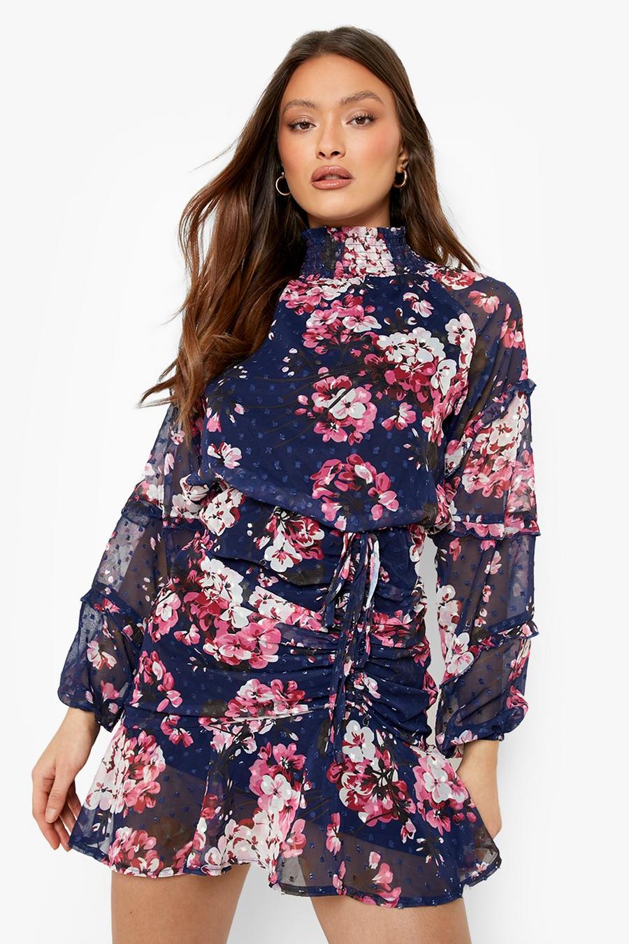 Navy Floral Dobby Rouched Mini Dress image number 1