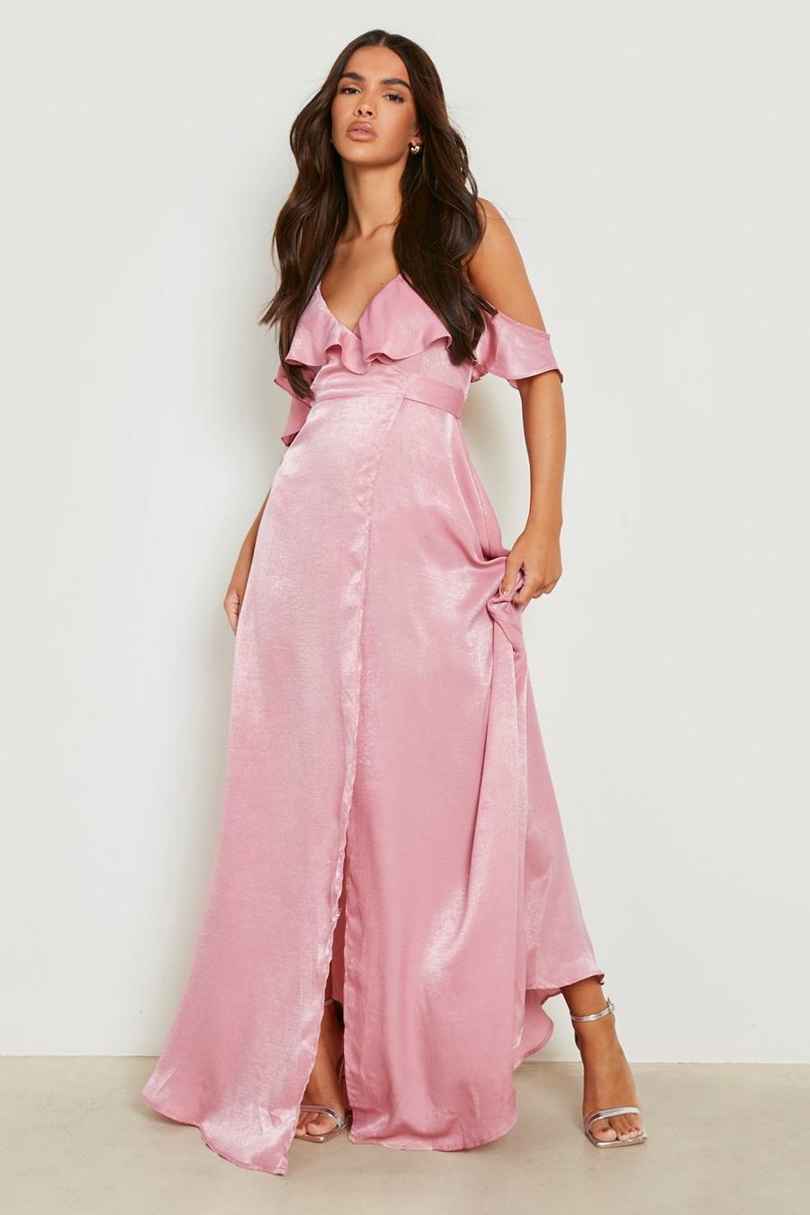 Rose pink Hammered Satin Cold Shoulder Wrap Maxi Dress