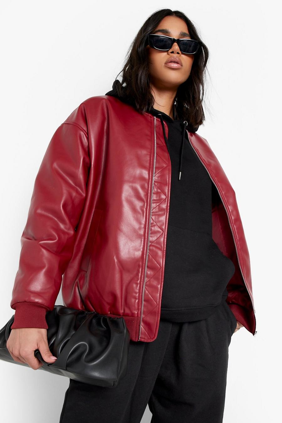 Maroon rouge Oversized Faux Leather Bomber Jacket