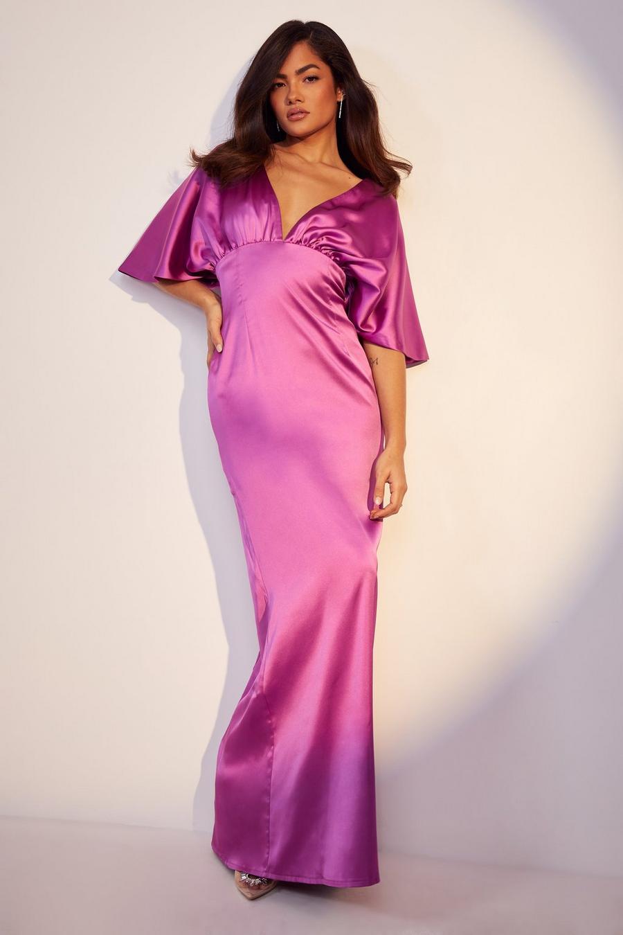 Hot pink Satin Plunge Cape Sleeve Maxi Dress image number 1