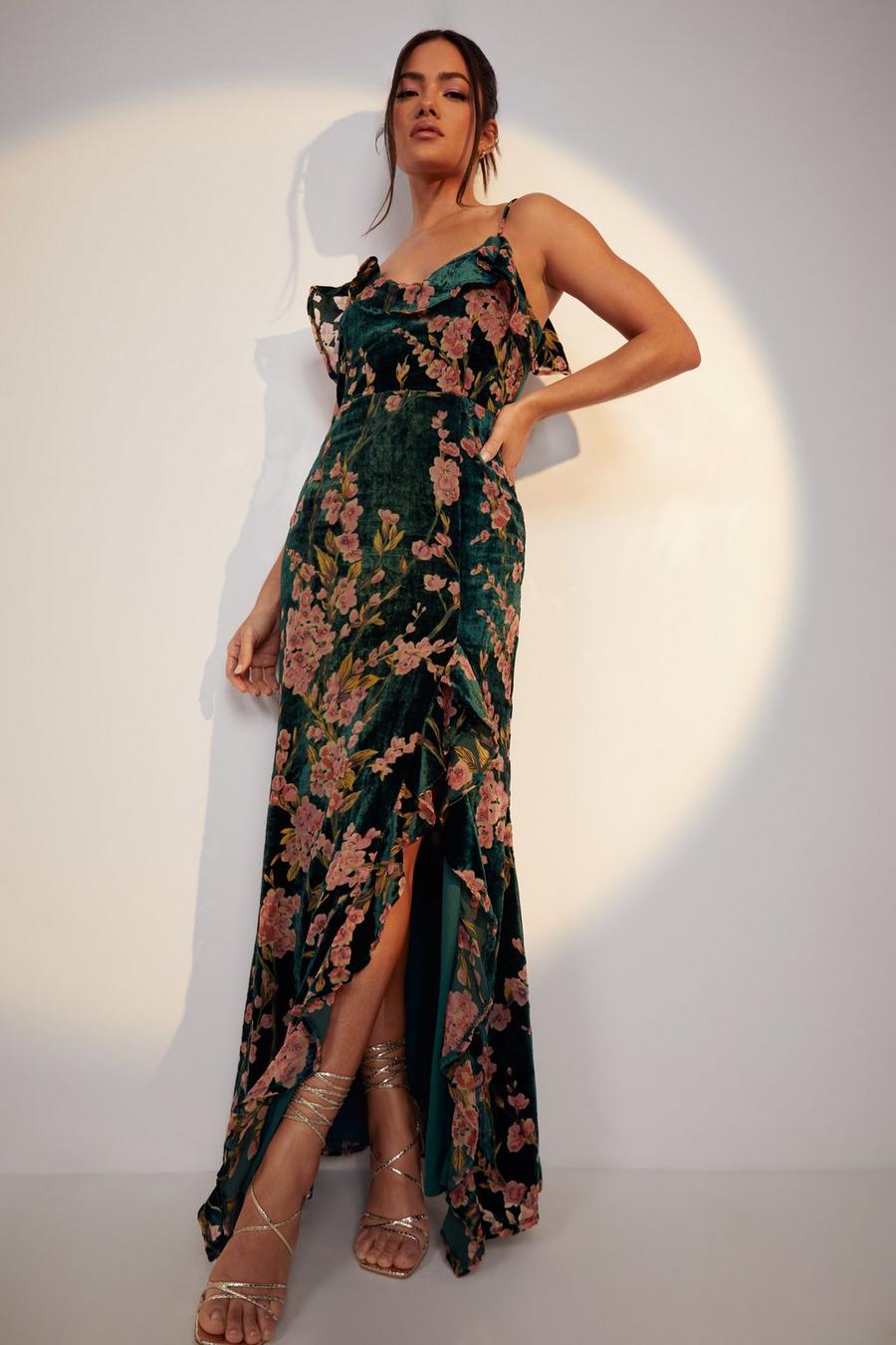 Emerald Floral Strappy Frill Detail Maxi Dress