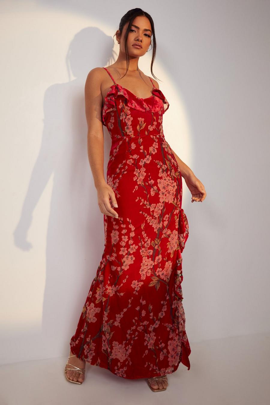 Red Floral Strappy Frill Detail Maxi Dress