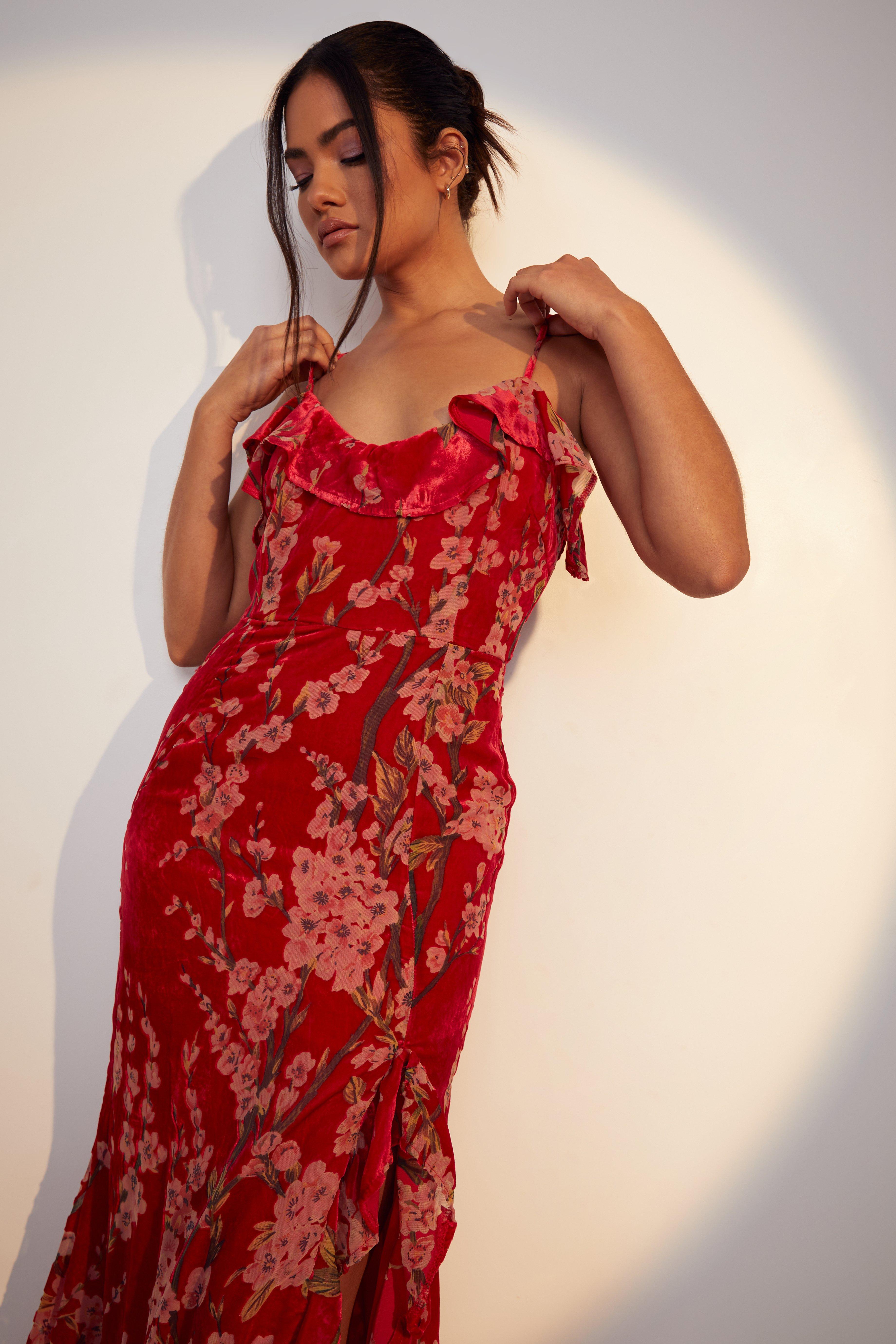 Red floral clearance maxi dress uk