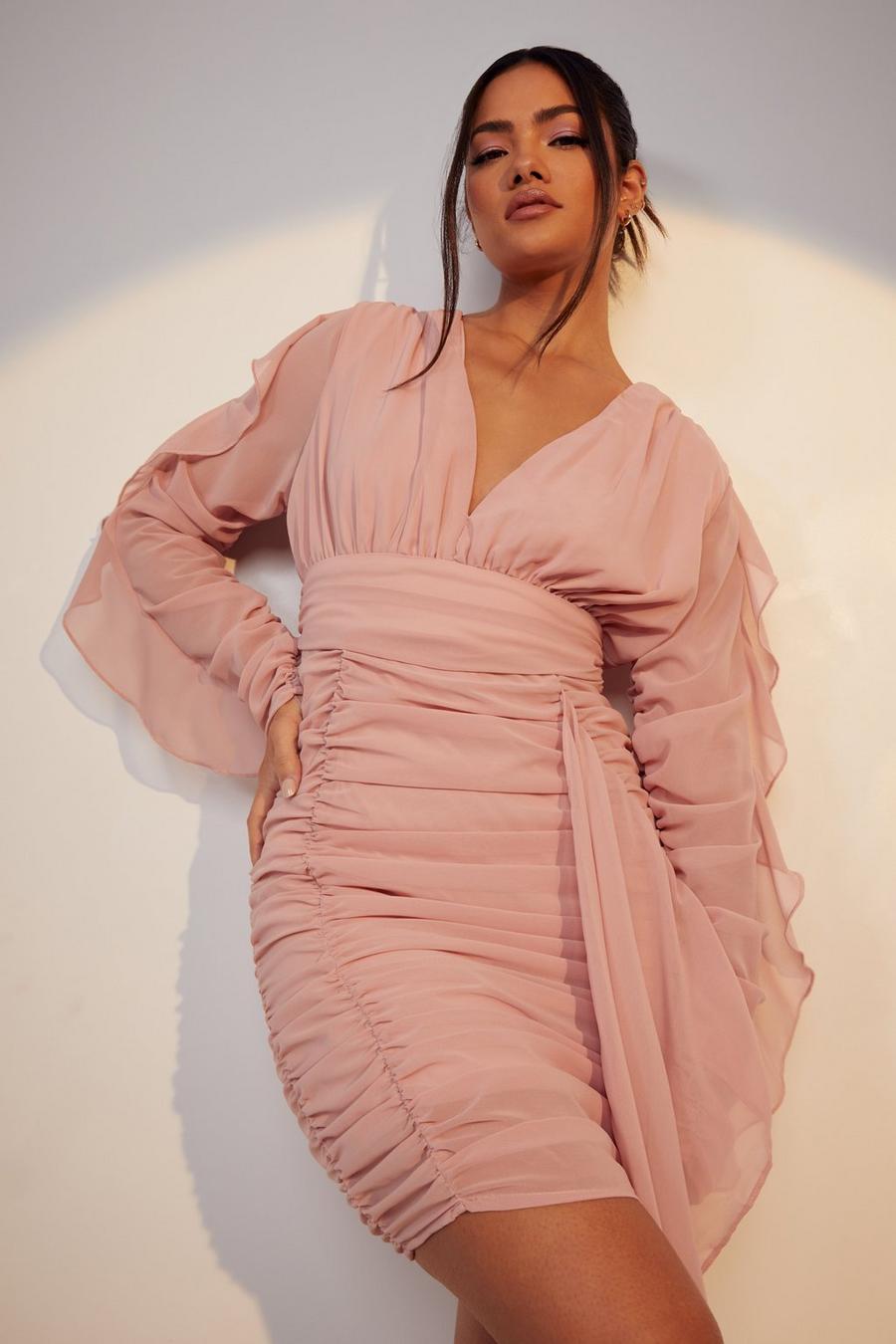 Soft pink Mesh Ruched Detail Plunge Mini Dress image number 1
