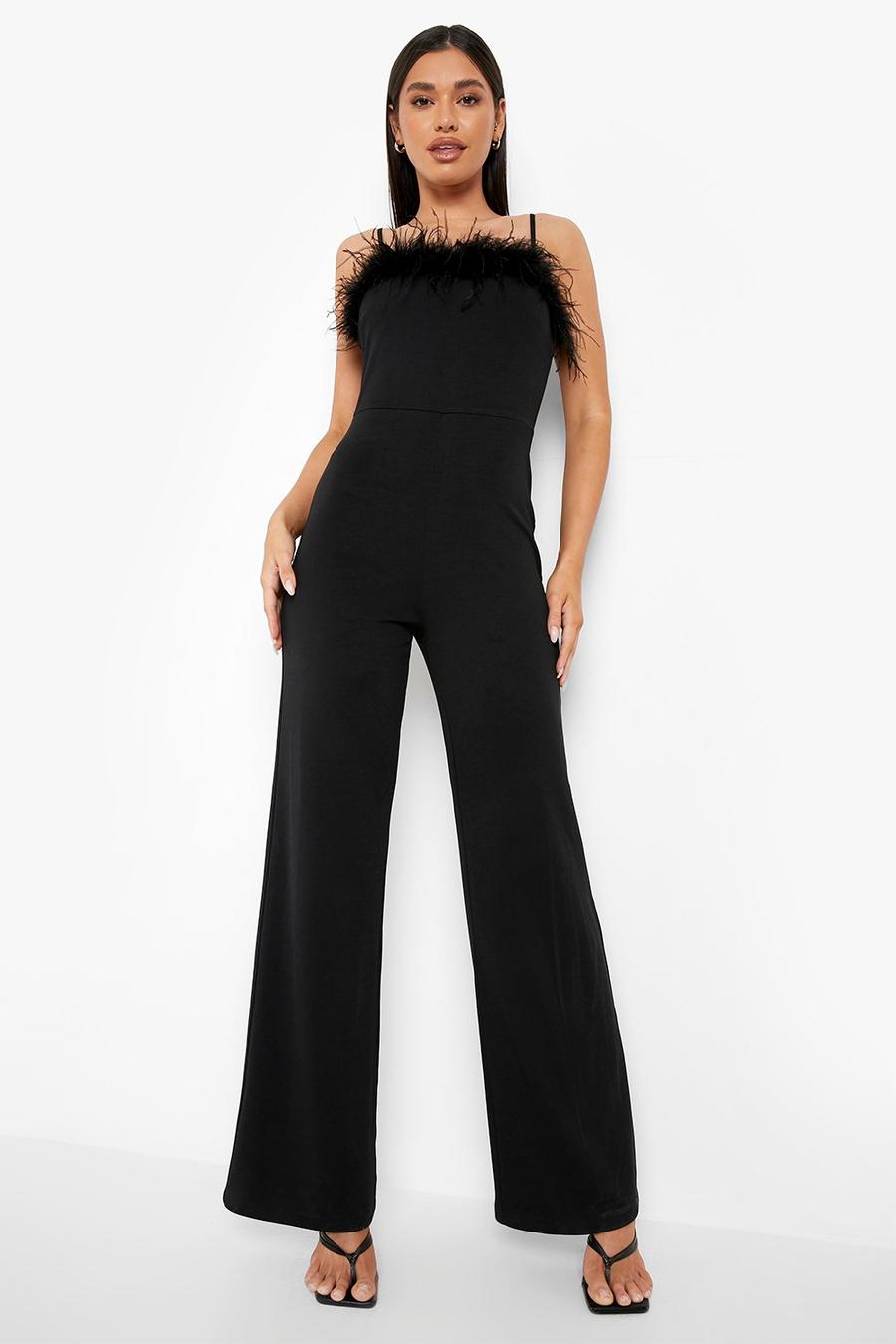 Black Feather Strappy Wide Leg Jumpsuit
