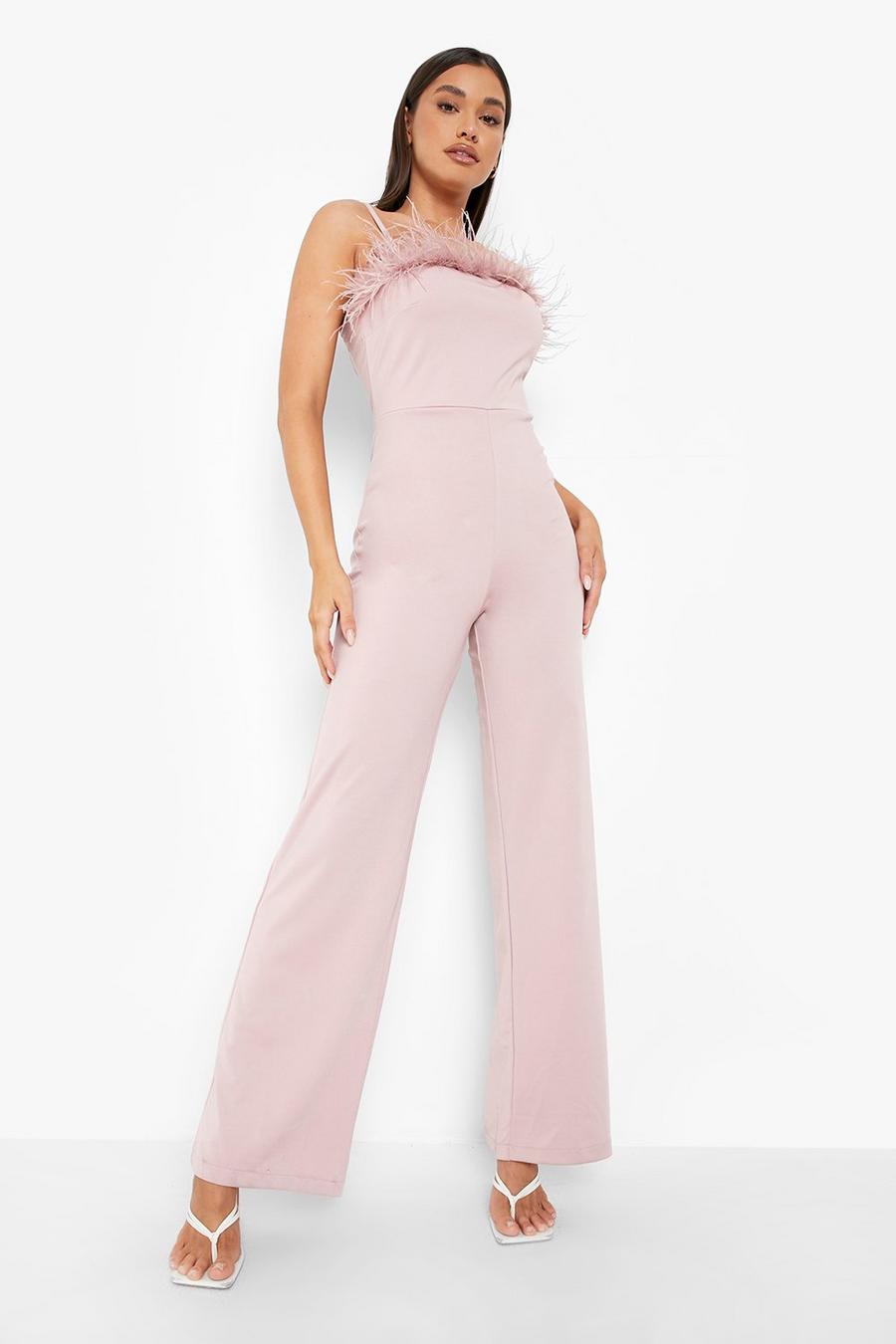 Soft pink Feather Strappy Wide Leg Jumpsuit