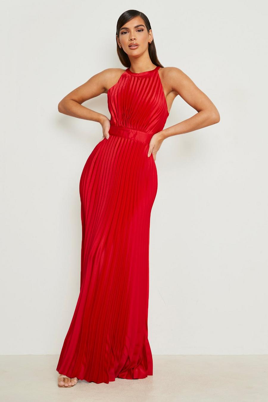 Berry red Pleated Satin High Neck Maxi Dress