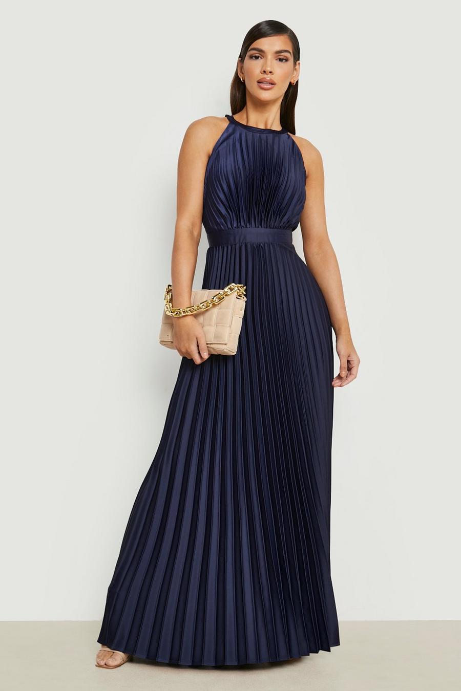 Navy Pleated Satin High Neck Maxi Dress image number 1