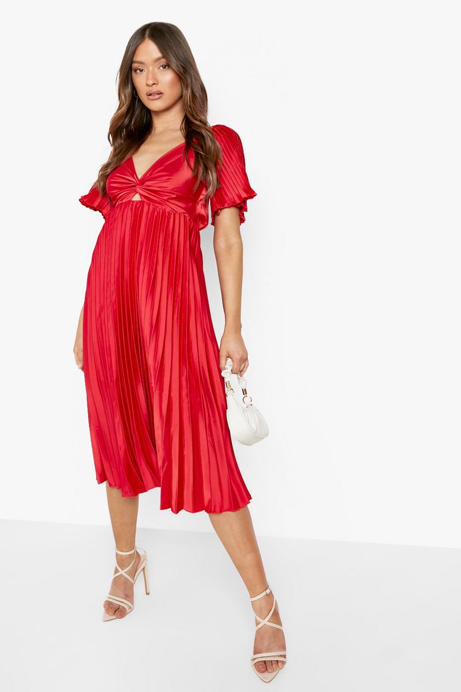 Red Pleated Satin Open Back Midi Dress image number 1