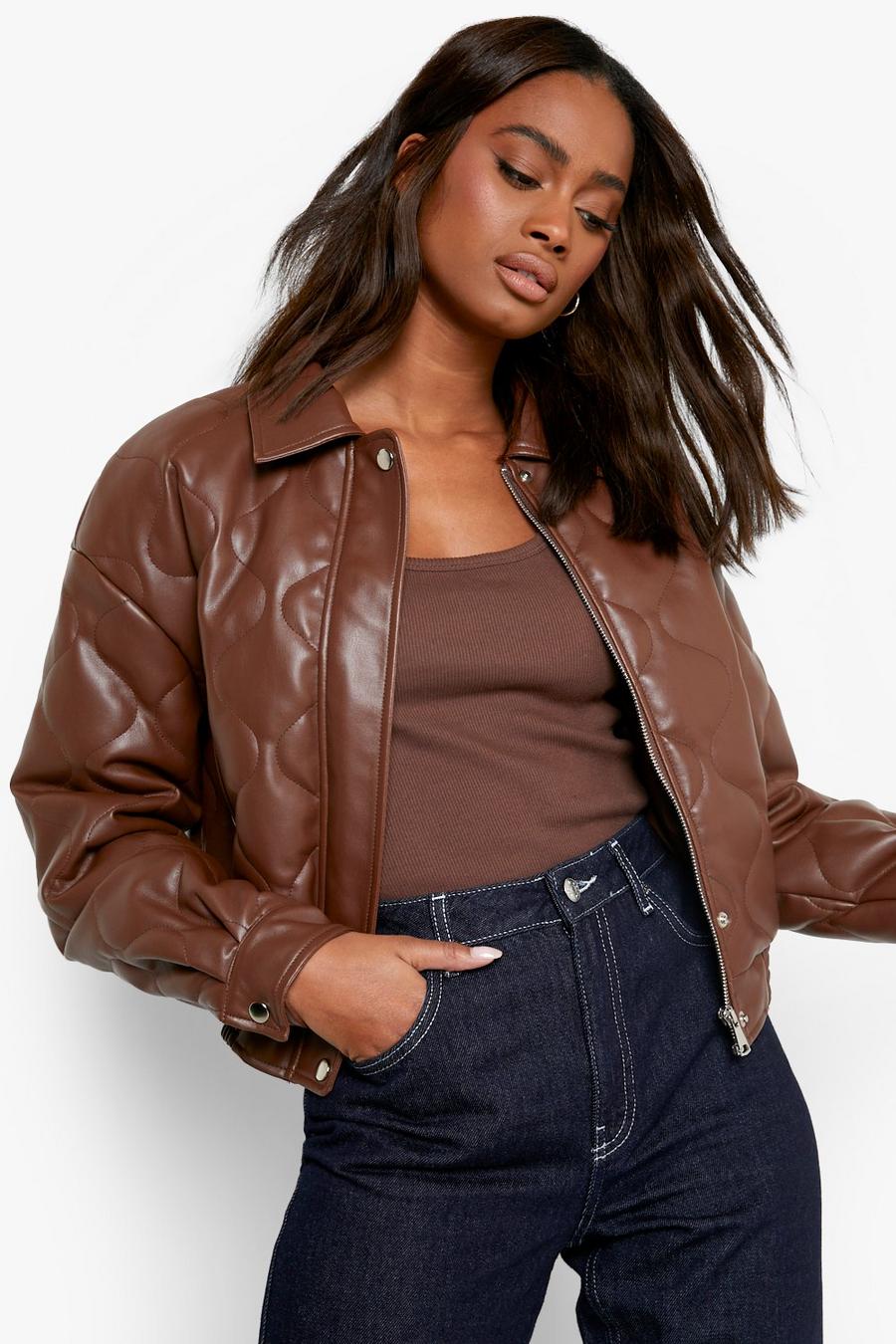 Chocolate Quilted Faux Leather Bomber Jacket image number 1