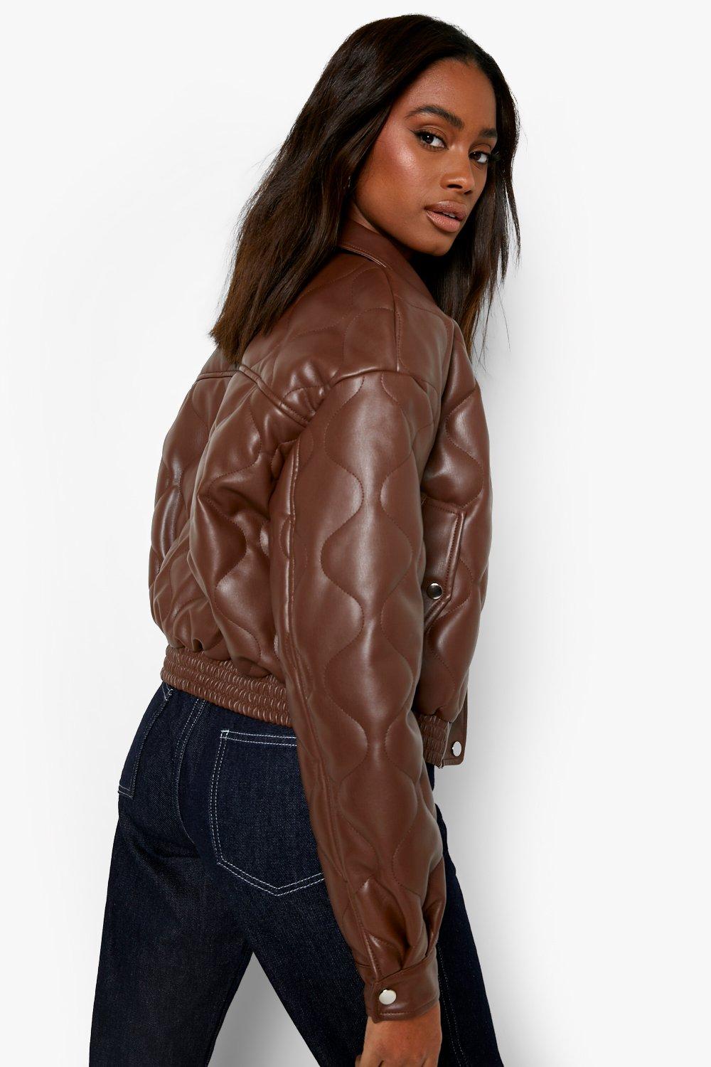 Quilted Faux Leather Jacket - Dark brown - Ladies