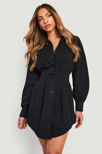 Black Cinched Waist Denim Shirt Dress