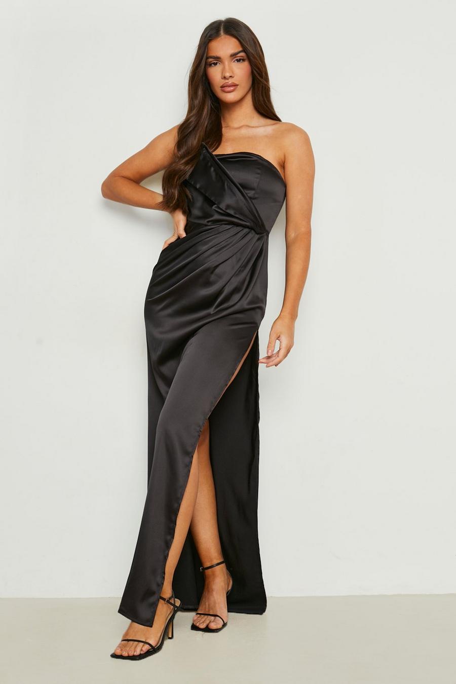 Black Satin Pleat Detail Split Maxi Dress image number 1