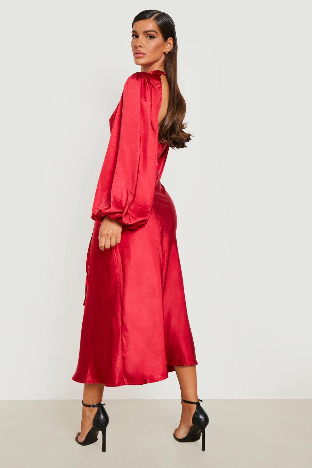 Whistles cotton belted midi dress with balloon sleeve in bold red