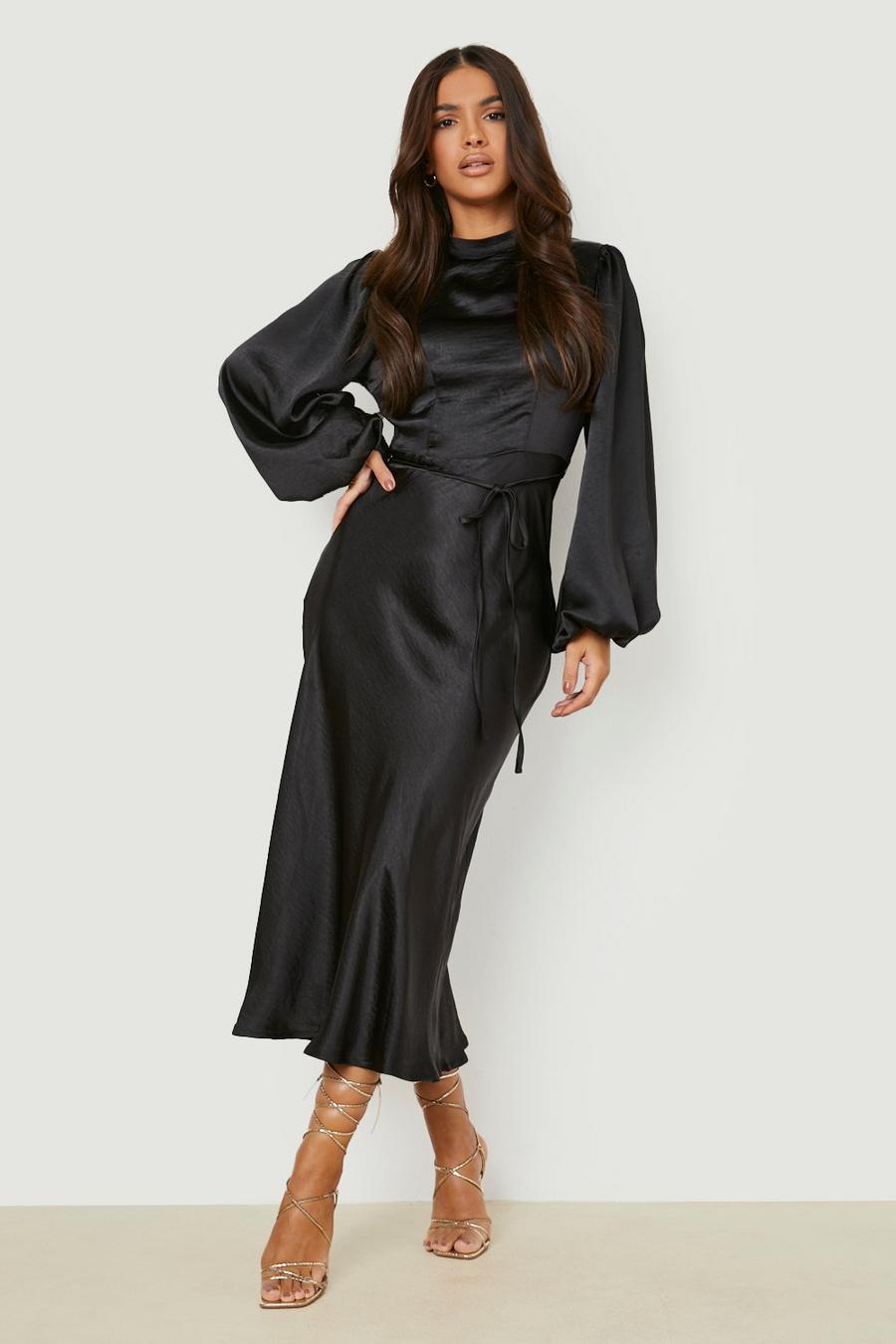 Black שמלת מידי מסאטן עם צווארון גבוה ושרוולי בלון