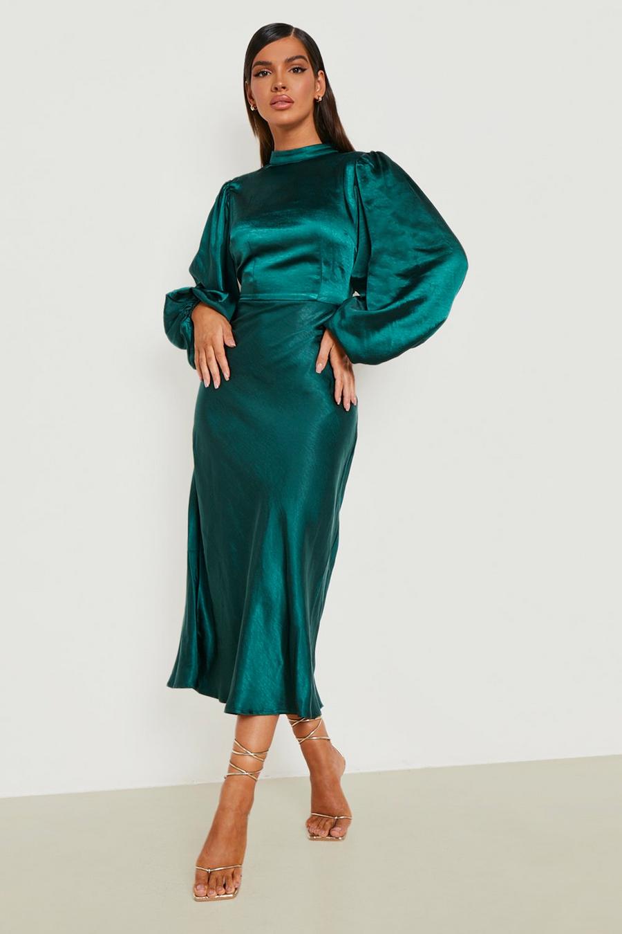 Emerald Satin High Neck Balloon Sleeve Midi Dress image number 1