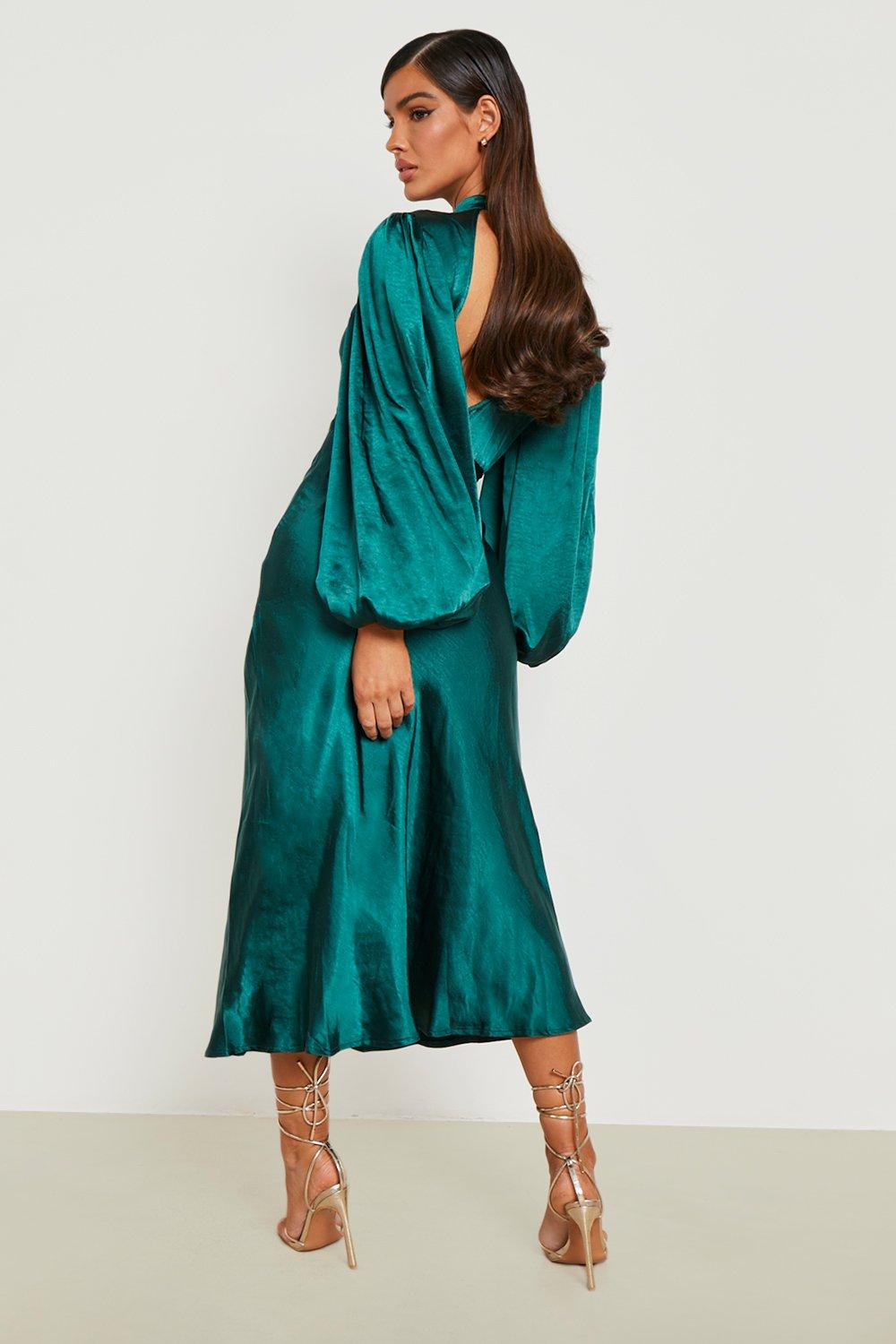 Satin High Neck Balloon Sleeve Midi Dress | boohoo