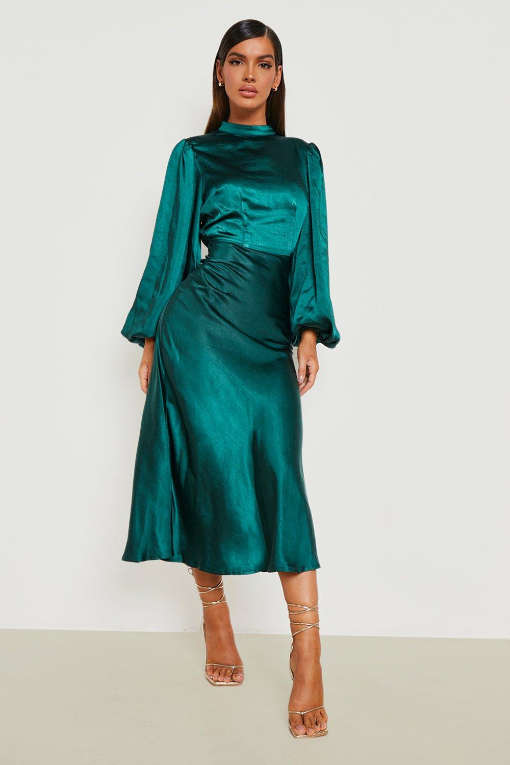 Satin High Neck Balloon Sleeve Midi Dress | boohoo