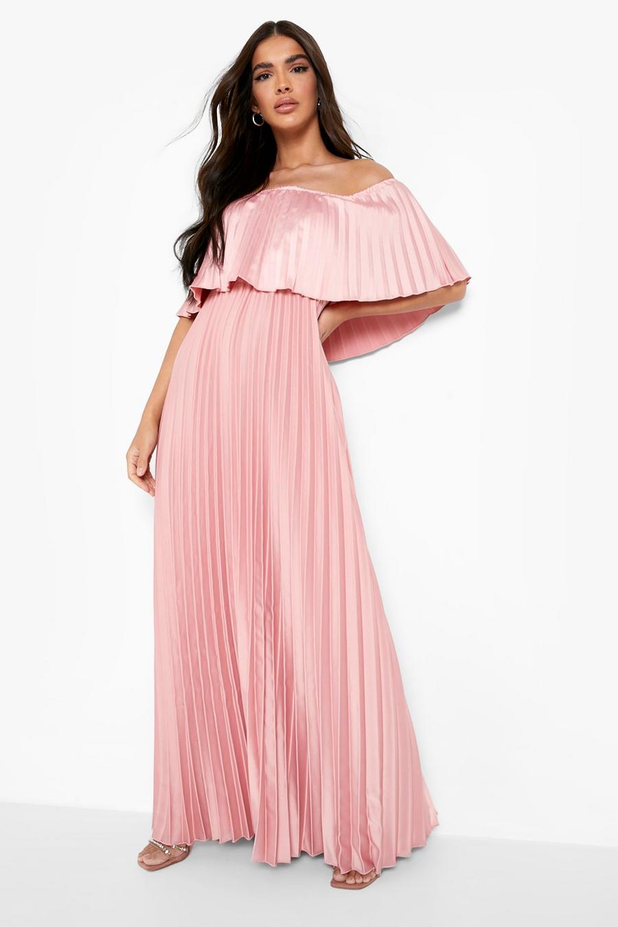 Pink Pleated Satin Off The Shoulder Maxi Dress image number 1