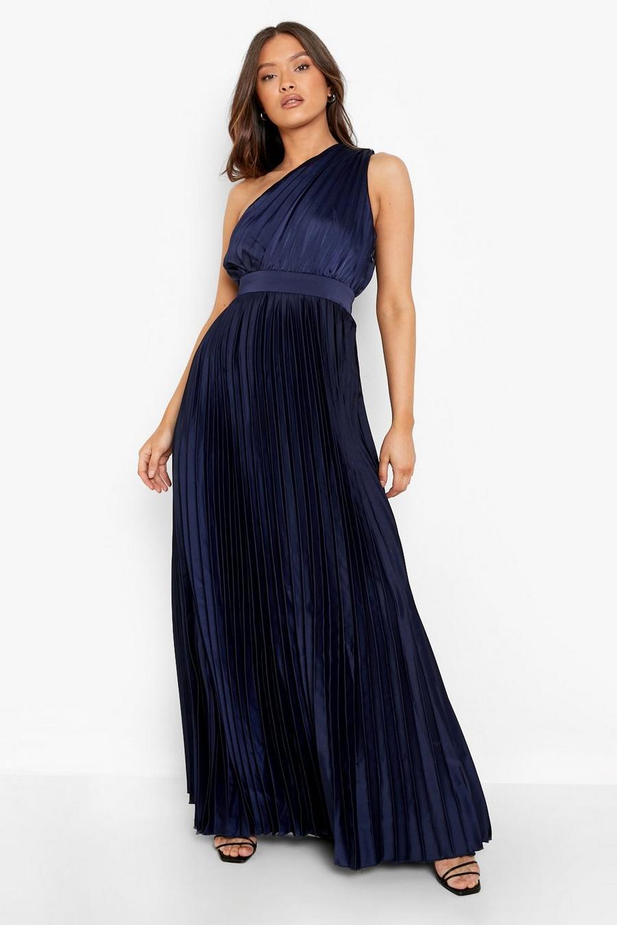 Navy Pleated Satin One Shoulder Maxi Dress