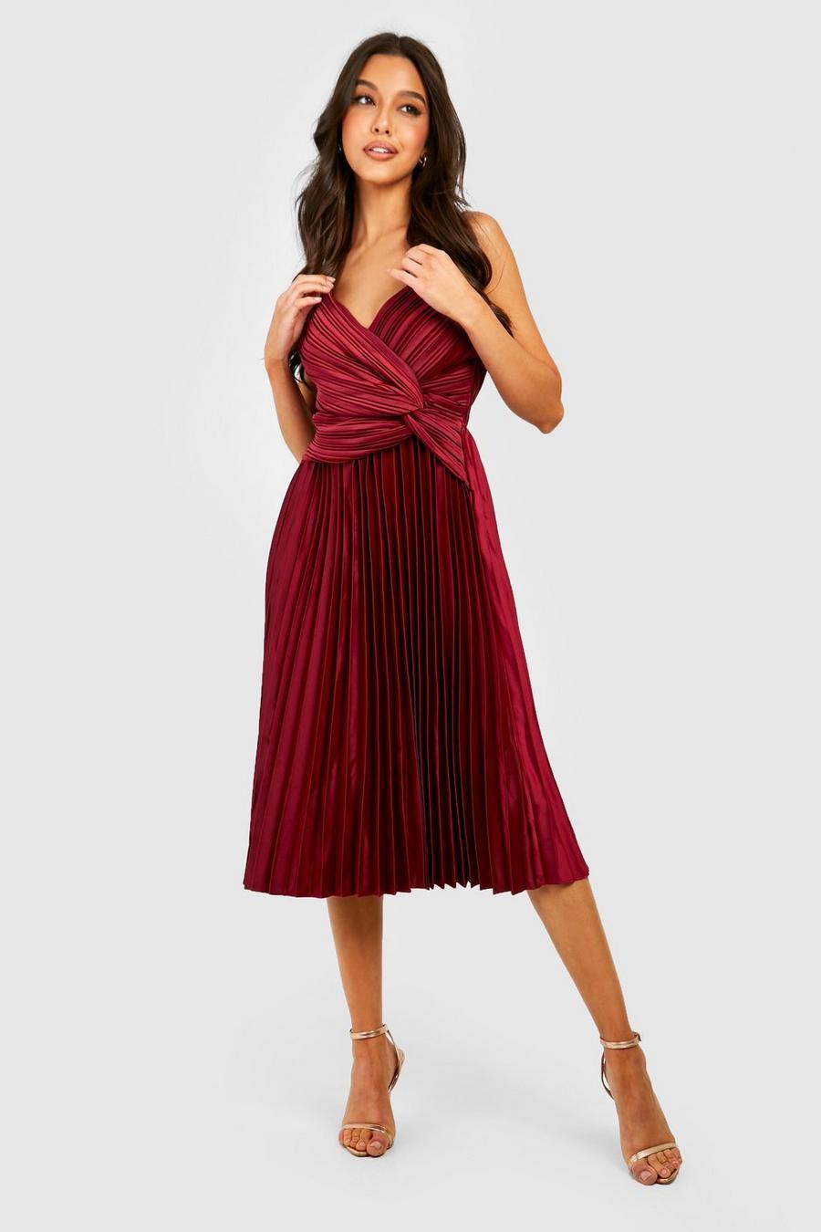 Berry red Pleated Satin Twist Detail Midi Dress