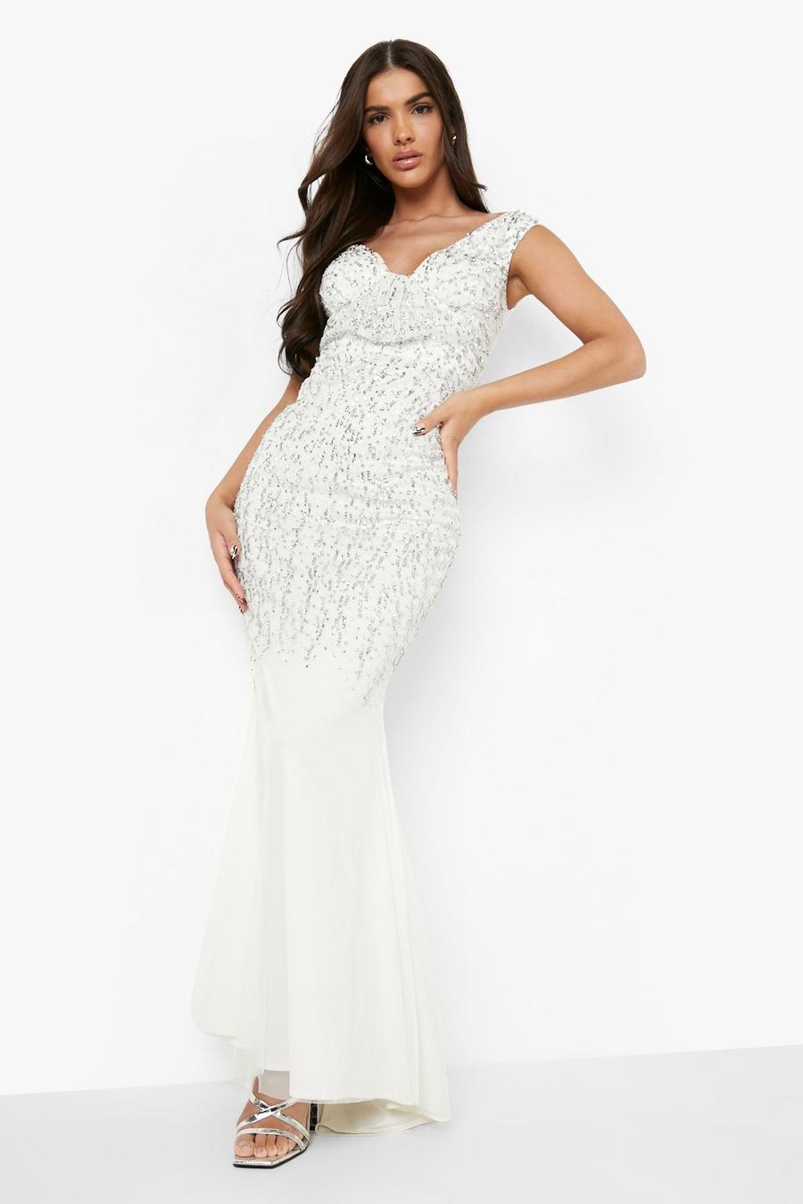 Ivory white Embellished Off The Shoulder Twist Maxi Dress