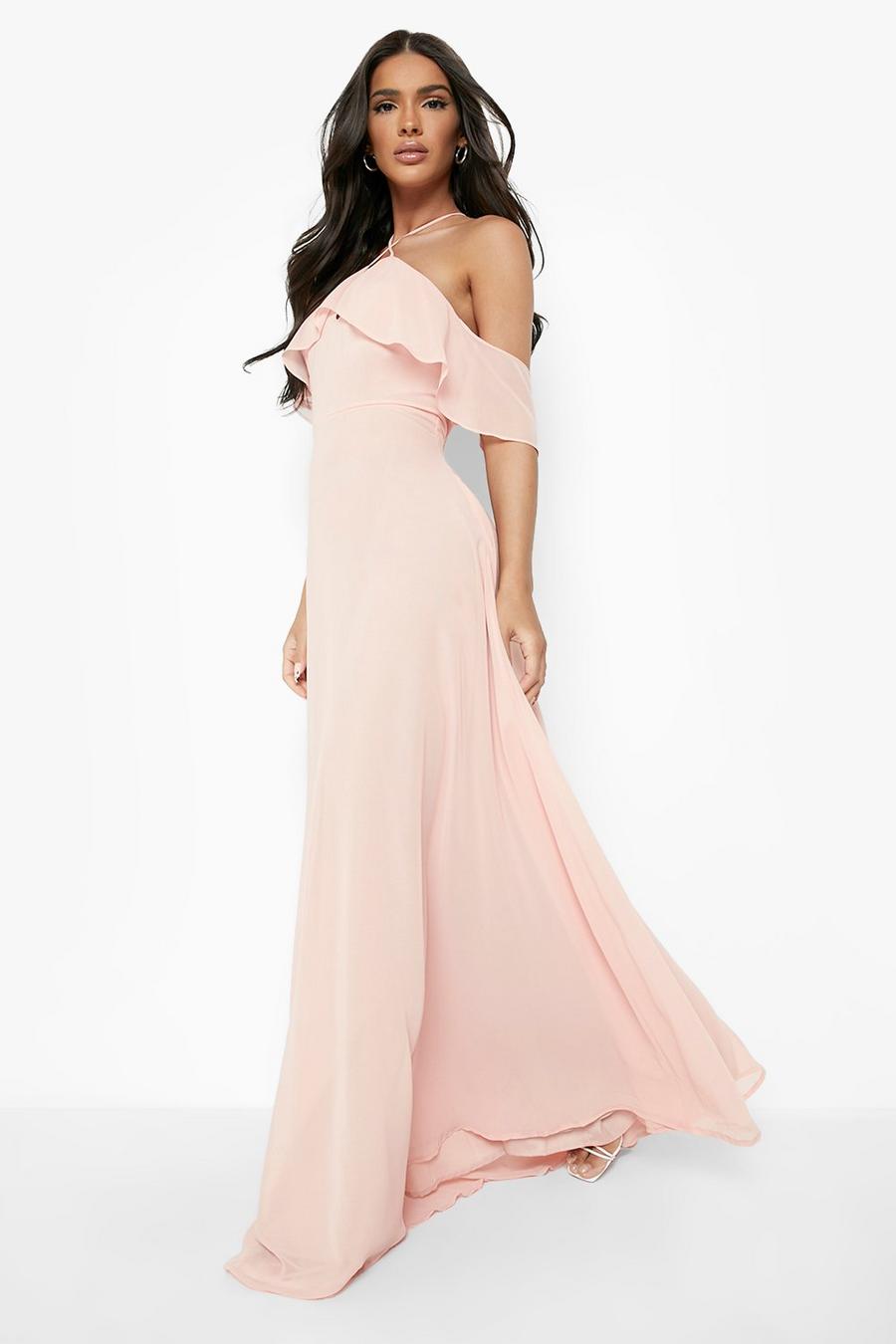 Soft pink Halterneck Ruffle Maxi Dress