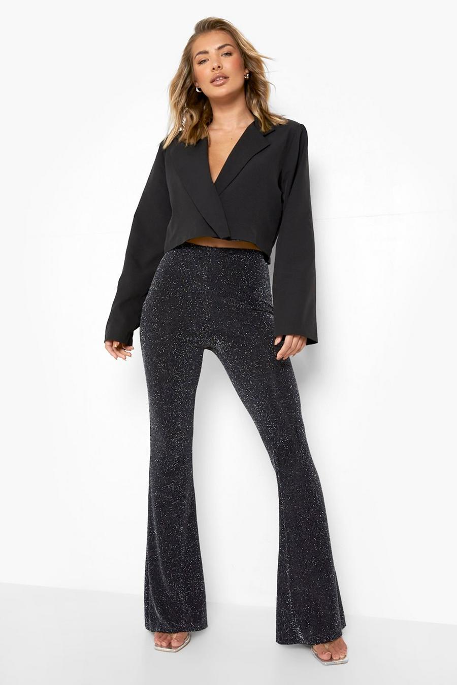Black Glitter Flared Trousers image number 1