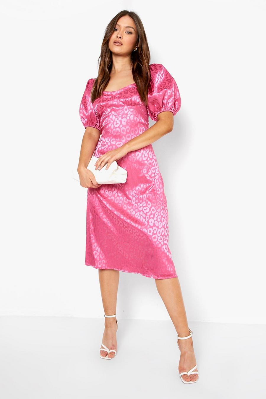 Hot pink Jacquard Satin Puff Sleeve Midi Skater Dress image number 1