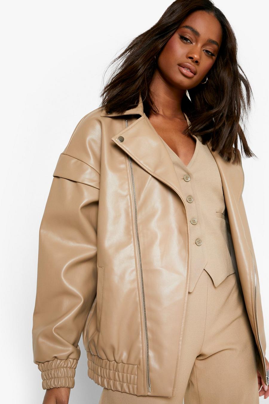 Beige Oversized Faux Leather Jacket image number 1