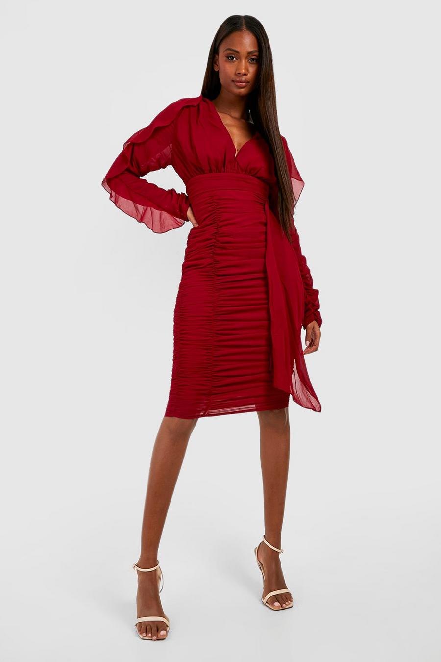 Berry Mesh Ruched Detail Plunge Midi Dress image number 1
