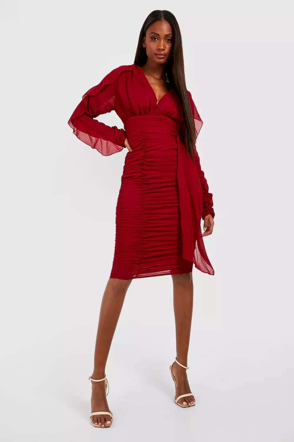 Red mesh ruched midi hot sale dress