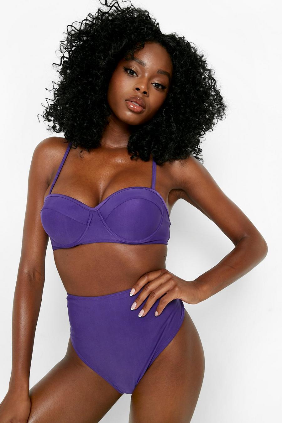 Slip bikini a vita alta con stampa Tropicana, Midnight purple