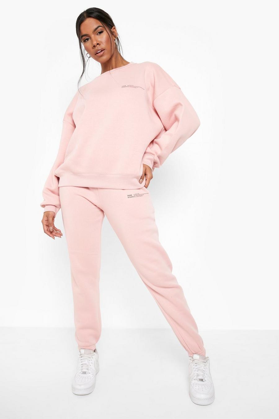 Dusky pink rose Dsgn Text Printed Sweater Tracksuit
