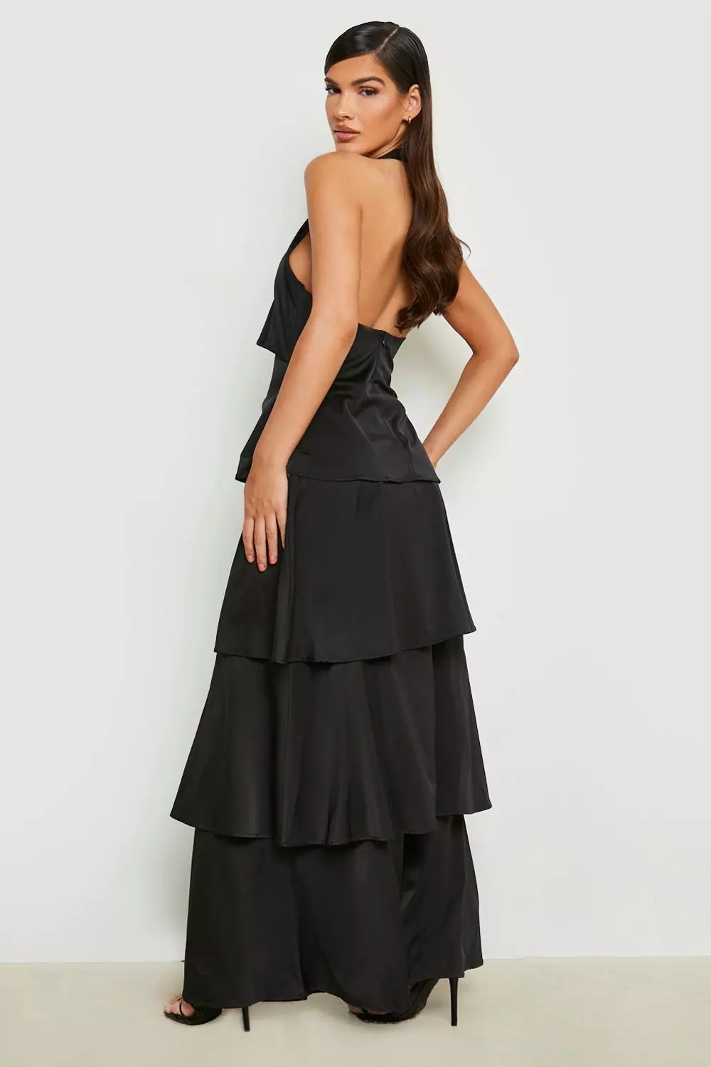 Satin Halterneck Tiered Maxi Dress