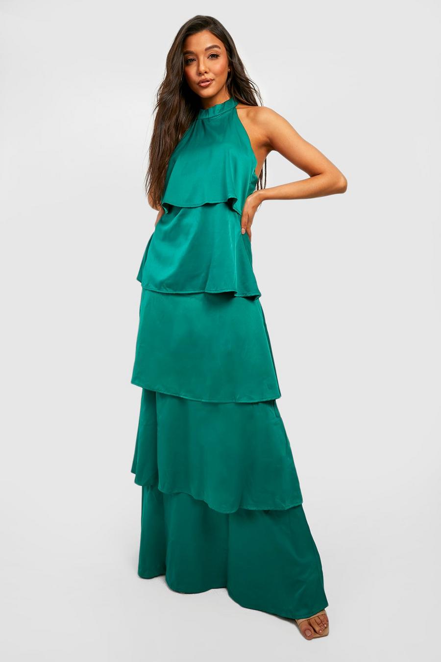 Green Satin Halter Tiered Maxi Dress image number 1