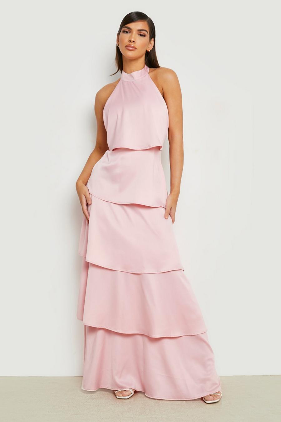 Pink Satin Halter Tiered Maxi Dress image number 1