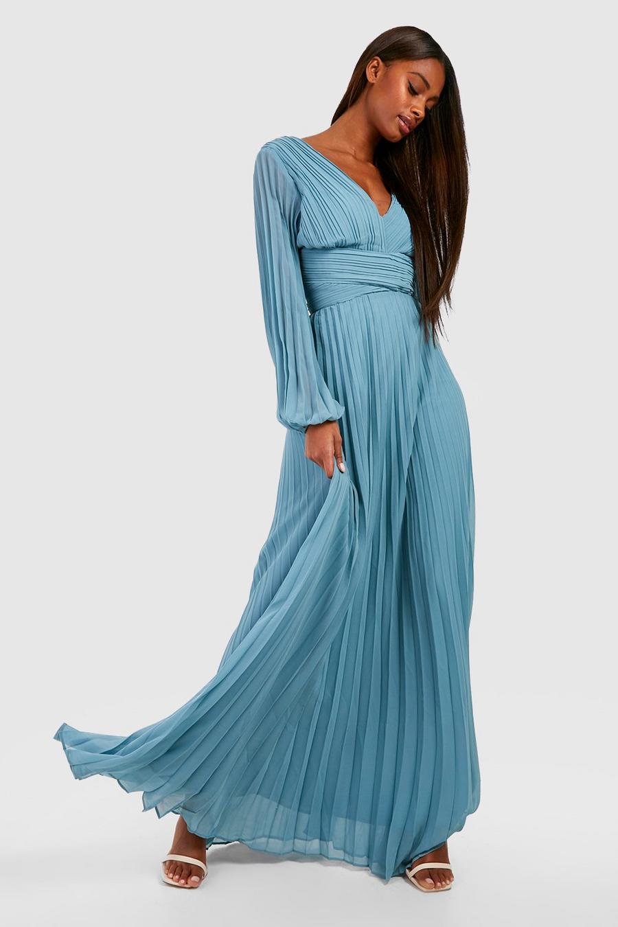 Blue Pleated Plunge Wrap Maxi Dress