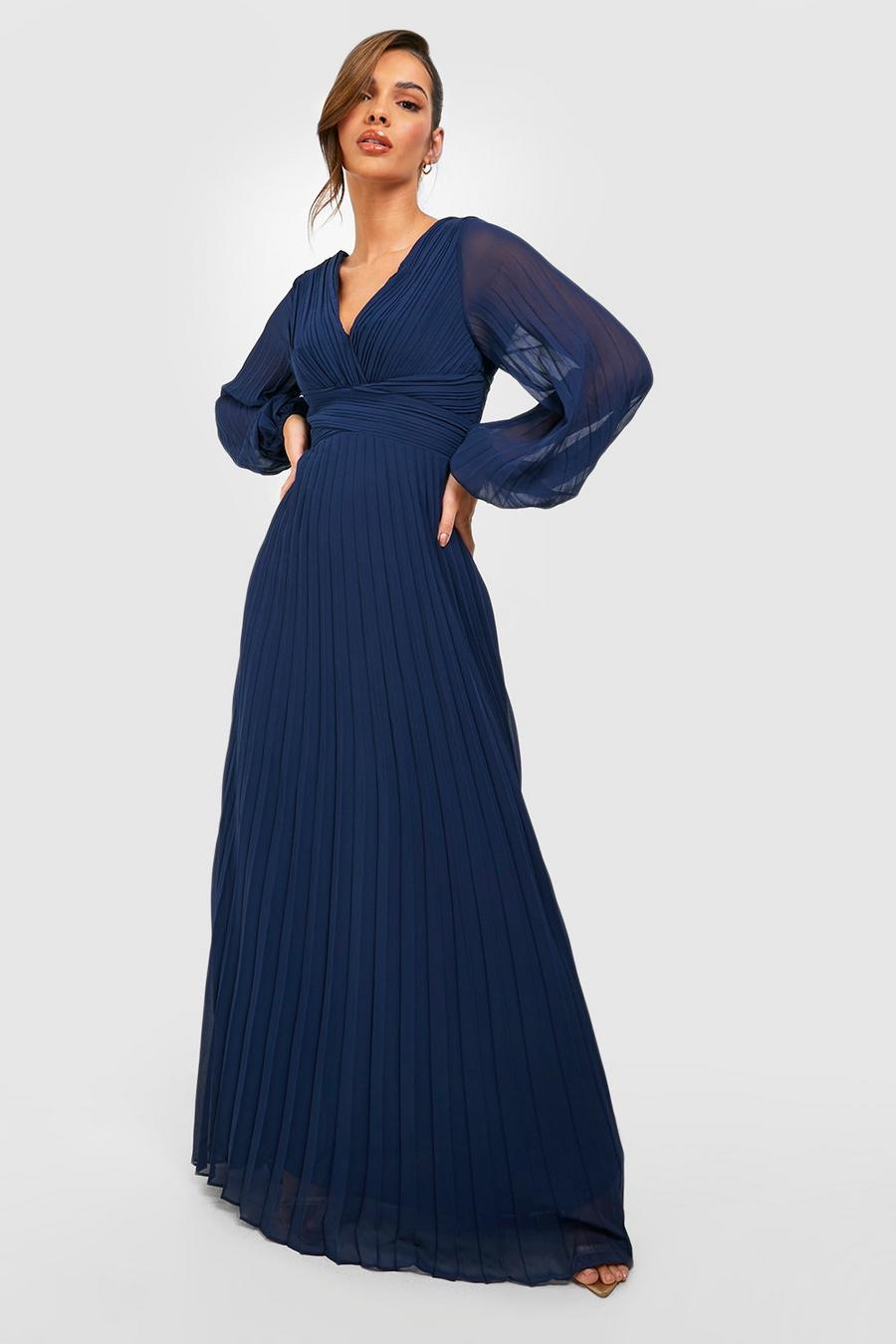 Navy Pleated Plunge Wrap Maxi Dress image number 1