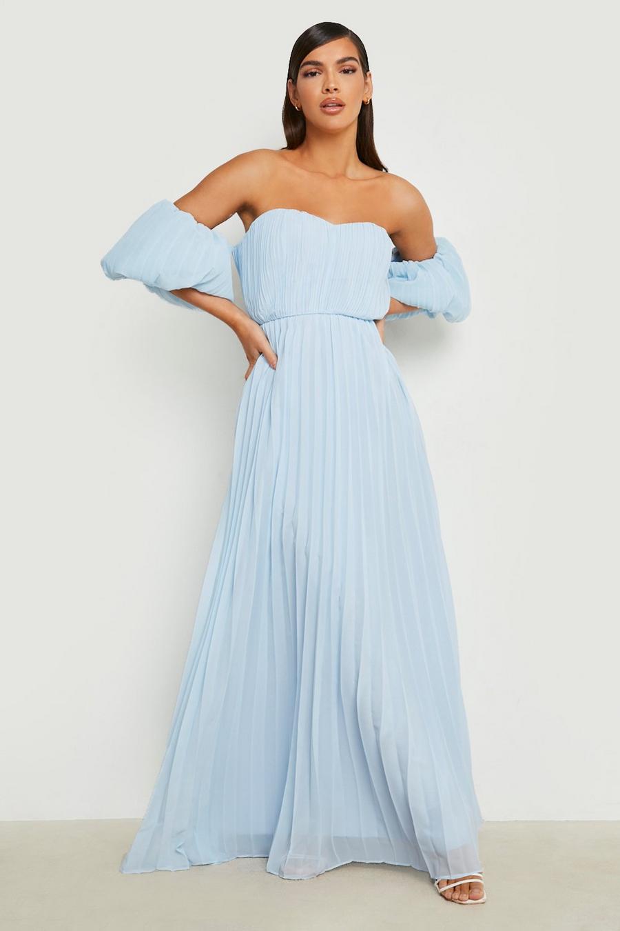Pastel blue Pleated Bardot Puff Sleeve Maxi Dress