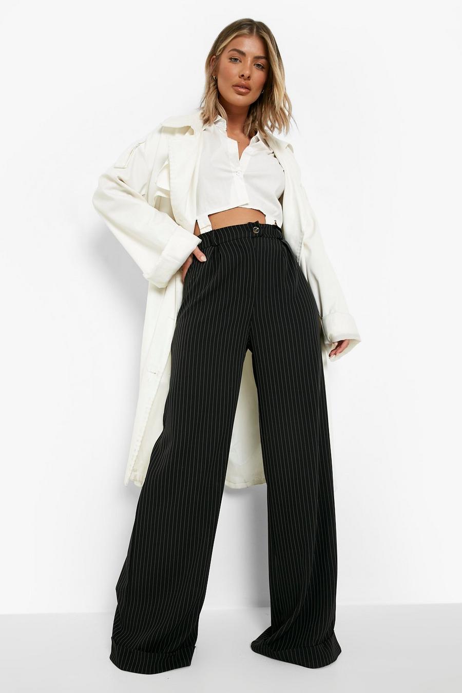 Black High Waisted Pinstripe Wide Leg Trousers image number 1