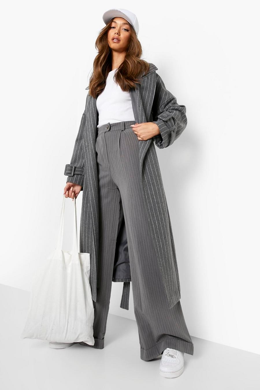 Grey High Waisted Pinstripe Wide Leg Pants image number 1