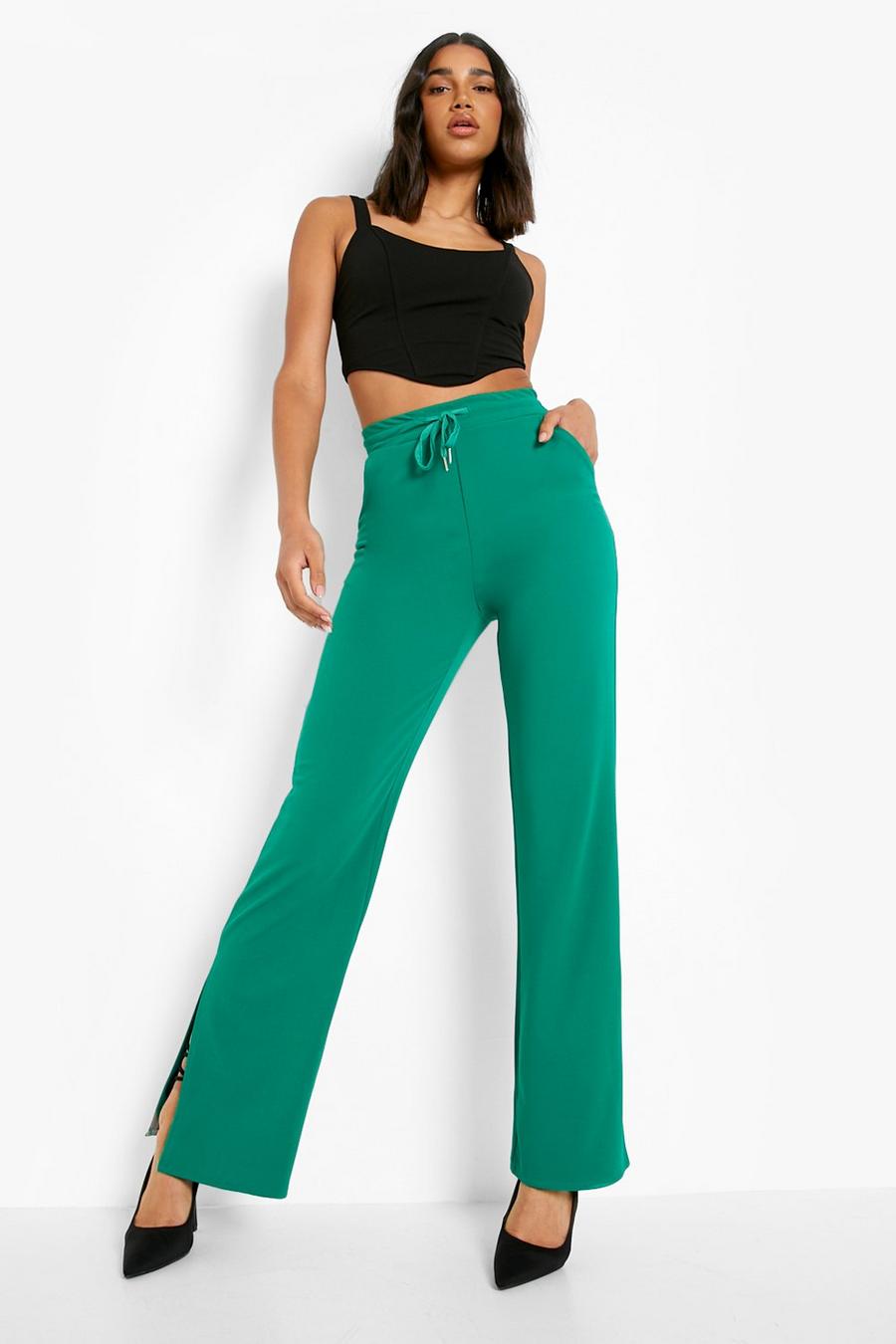 Green Split Hem Drawstring Wide Leg Trousers image number 1