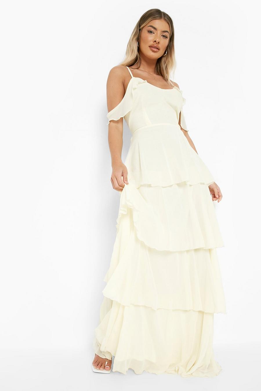 Ivory white Cold Shoulder Tiered Maxi Dress