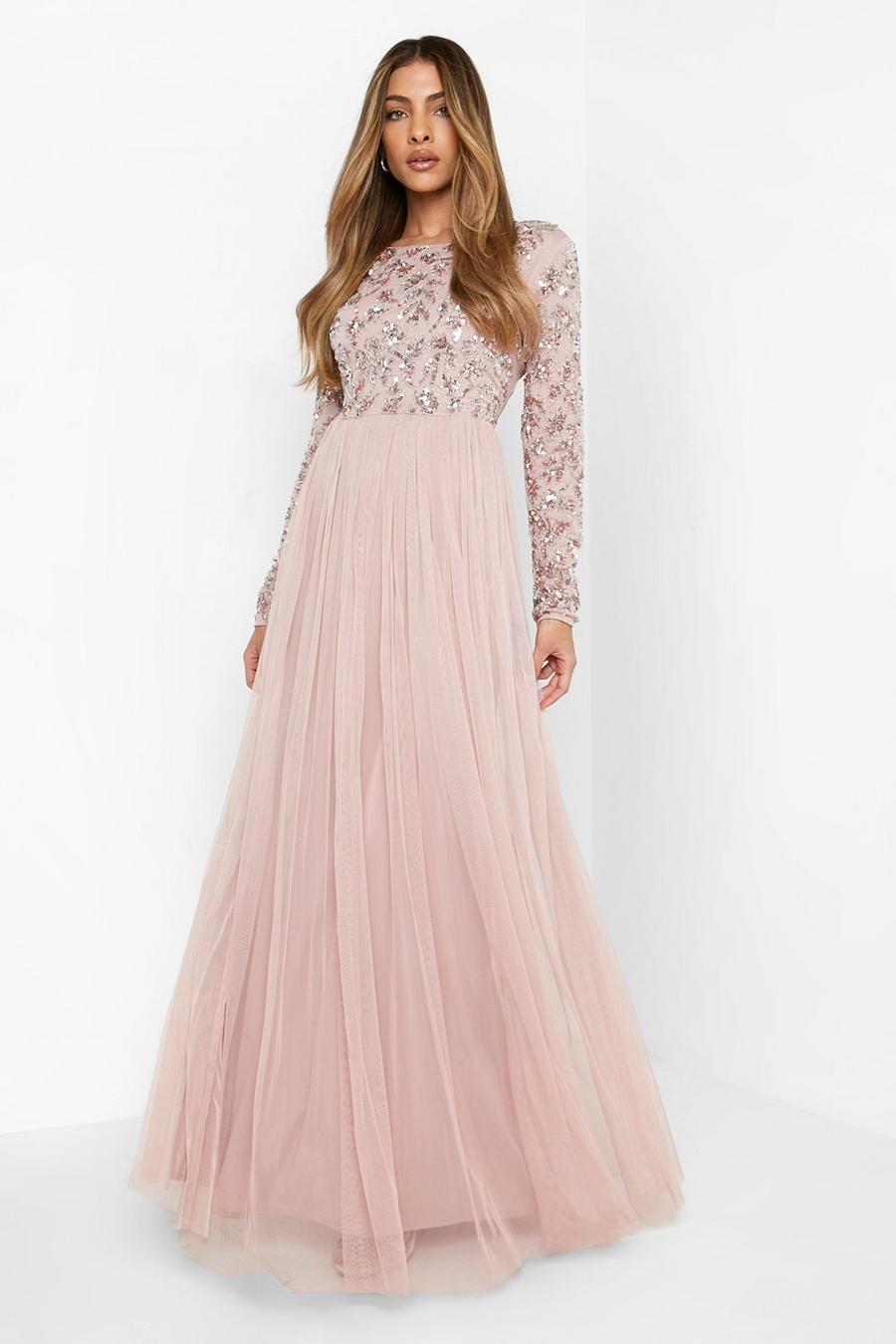Powder pink Hand Embellished Long Sleeve Mesh Maxi Dress image number 1