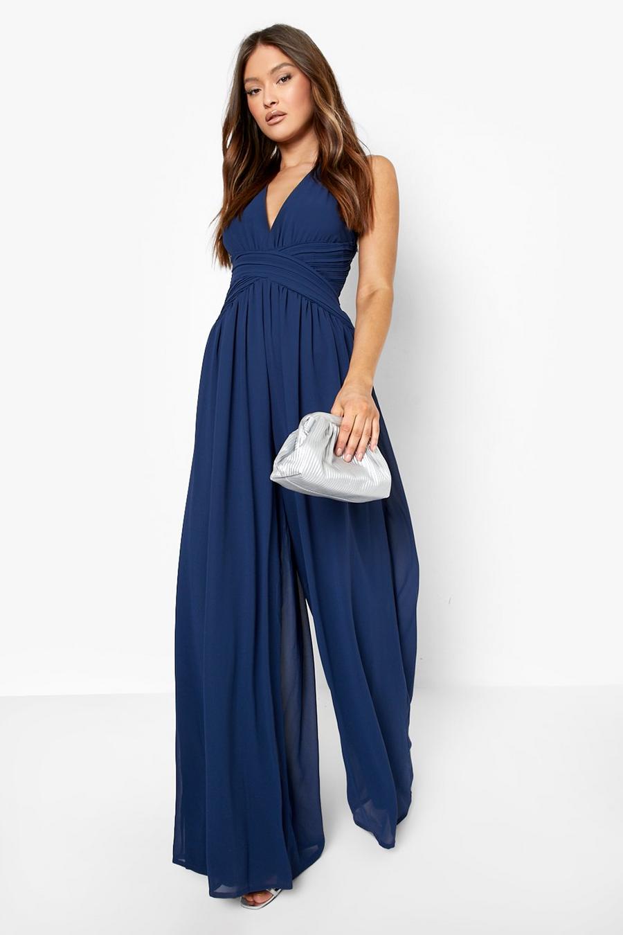 Navy Pleated Plunge Cross Back Jumpsuit image number 1
