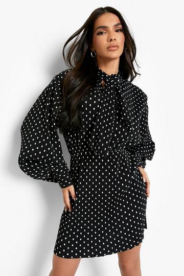 Tie Neck Polka Dot Plisse Skater Dress black